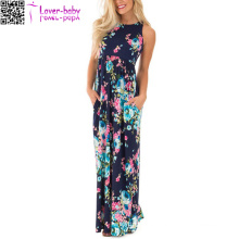 Navy Floral Print Racerback Maxi Dress with Side Pockets L51418